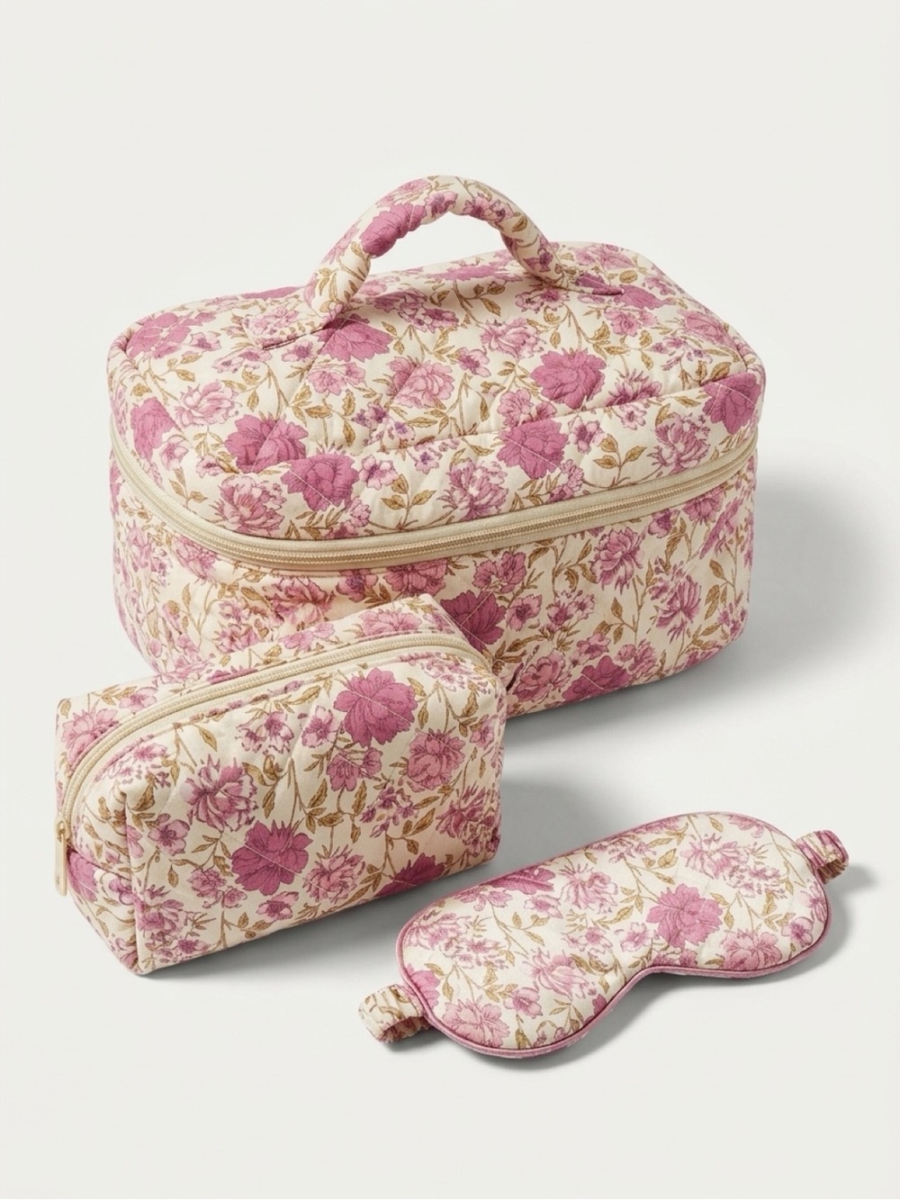 Quilted Floral Travel Makeup Bag Set with Eye Mask - Pink